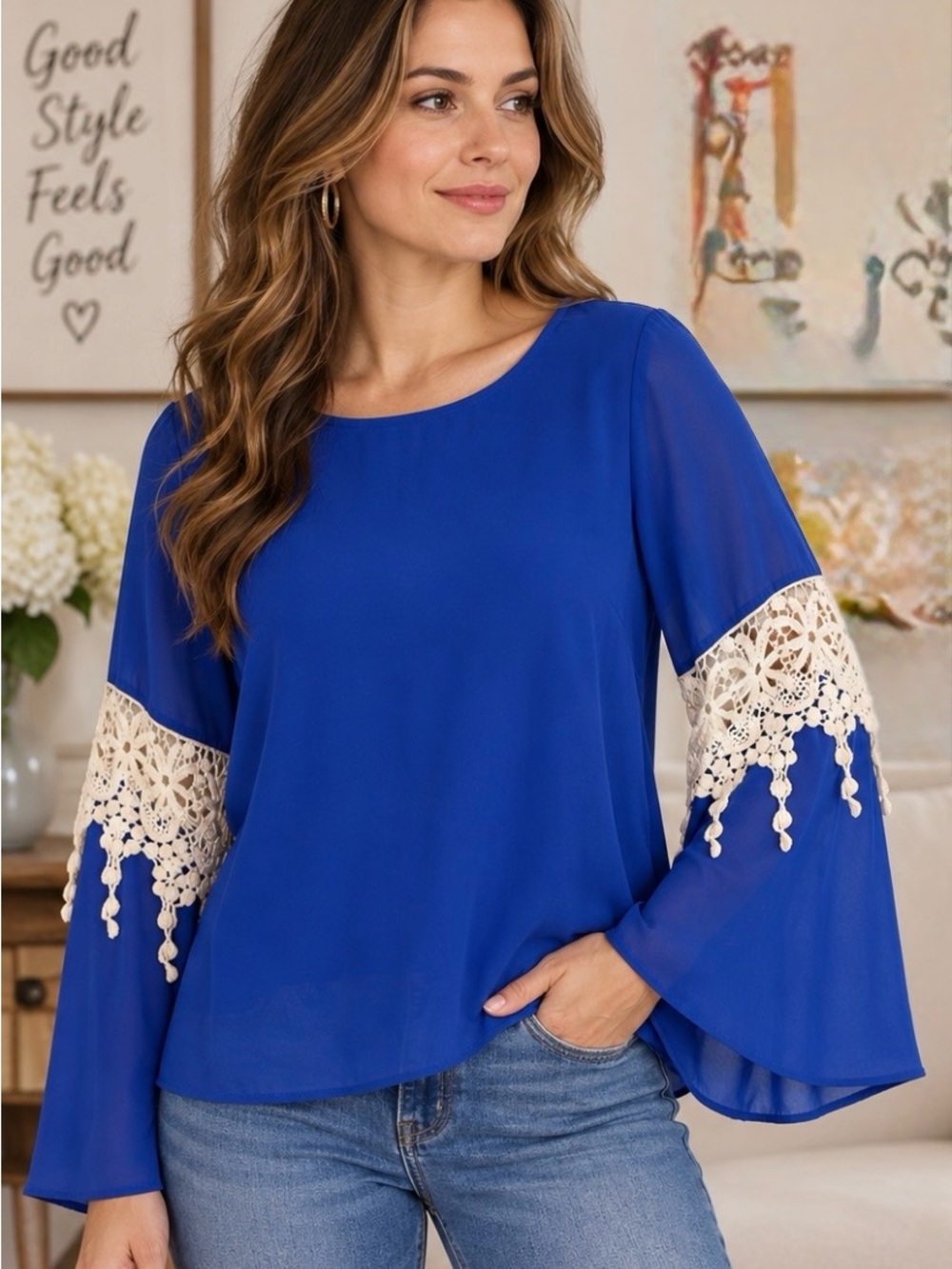Zouk Cobalt Blue Chiffon Blouse Ivory Crochet Lace Bell Sleeves Boho